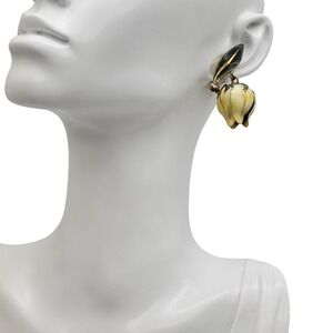 Sandor Tulip Clip On Earrings Yellow Enamel Flower Vintage Drop Dangle Vintage